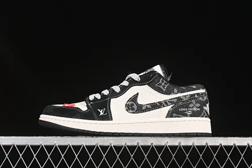 All categories Air Jordan Jordan series basketball shoes Air Jordan 1 Low high-end customized low-top sneakers Air Jordan 1 Low AJ1 Joe 1 LV joint black cloth red label high-end customized low-top retro basketball shoes YX5066-369